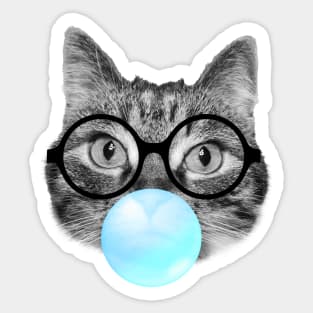 Cute fluffy cat blowing a blue bubble gum Sticker